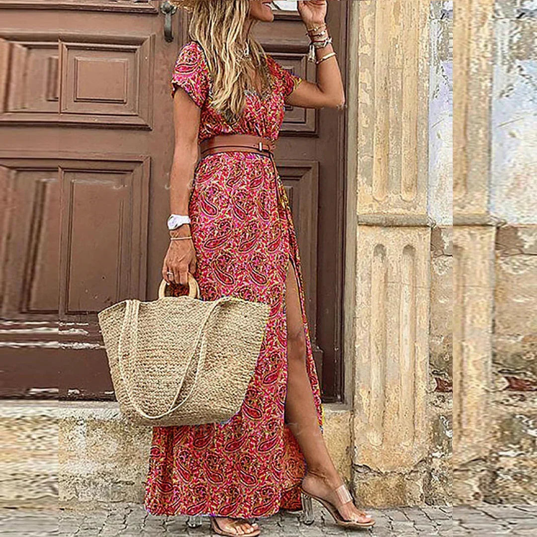 Women's floral maxi dress with V-neck, short sleeves, waist belt and side slit