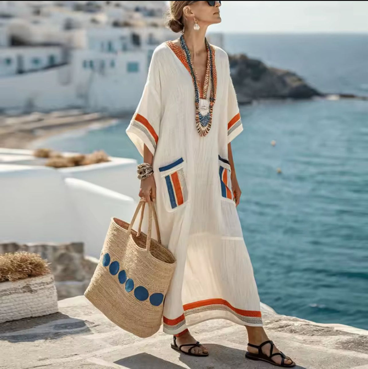 Women's striped relaxed midi dress with contrast trim and patch pockets