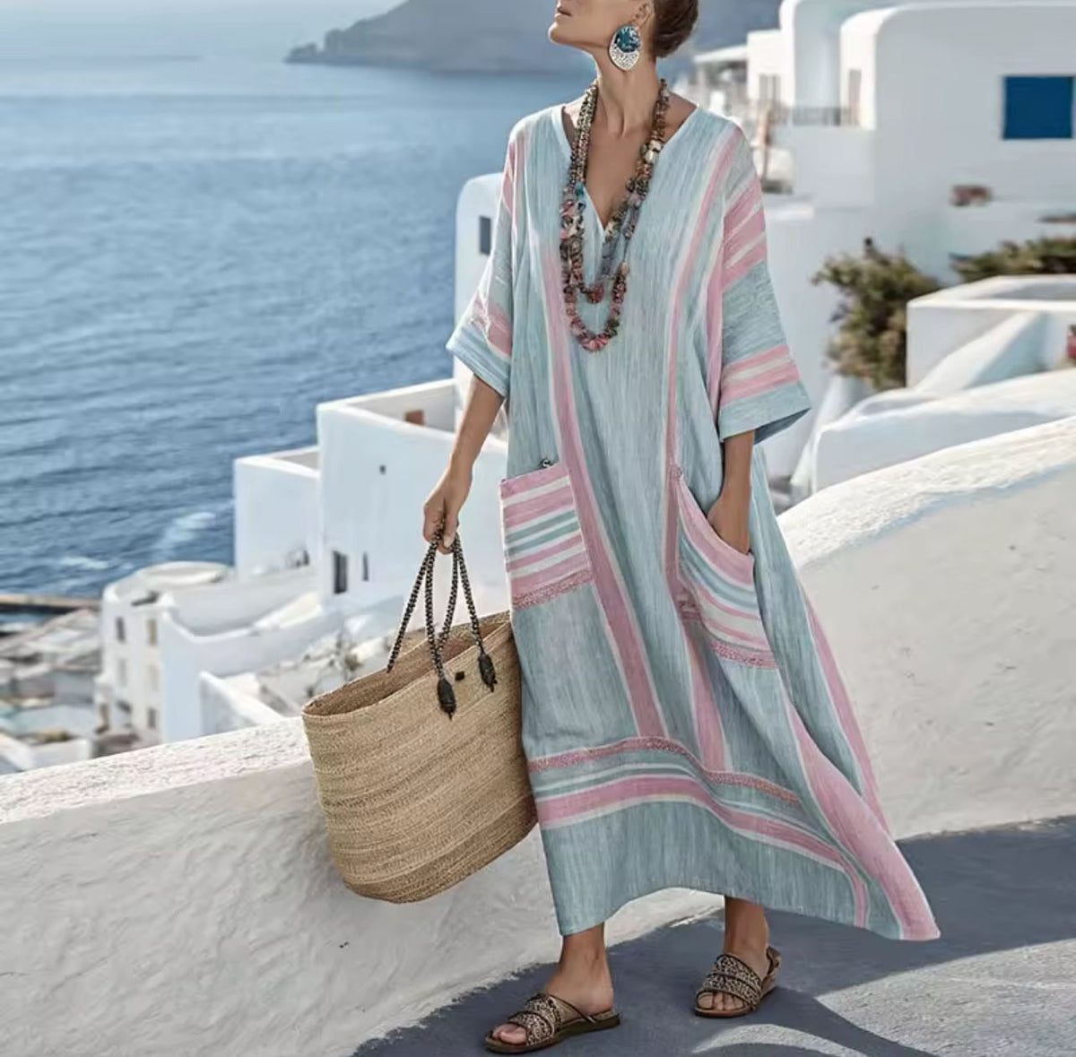 Women's striped relaxed midi dress with contrast trim and patch pockets