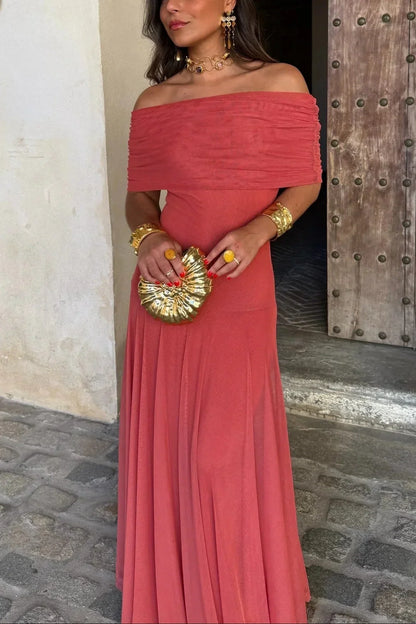 Women's pleated one-shoulder maxi dress with draped bodice and flowing skirt