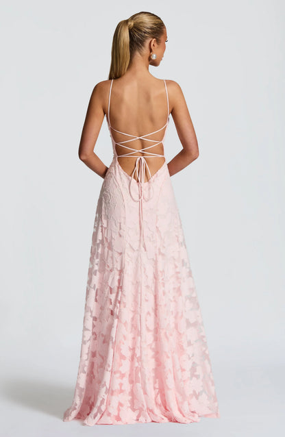 Women's floral maxi dress with square neckline and spaghetti straps