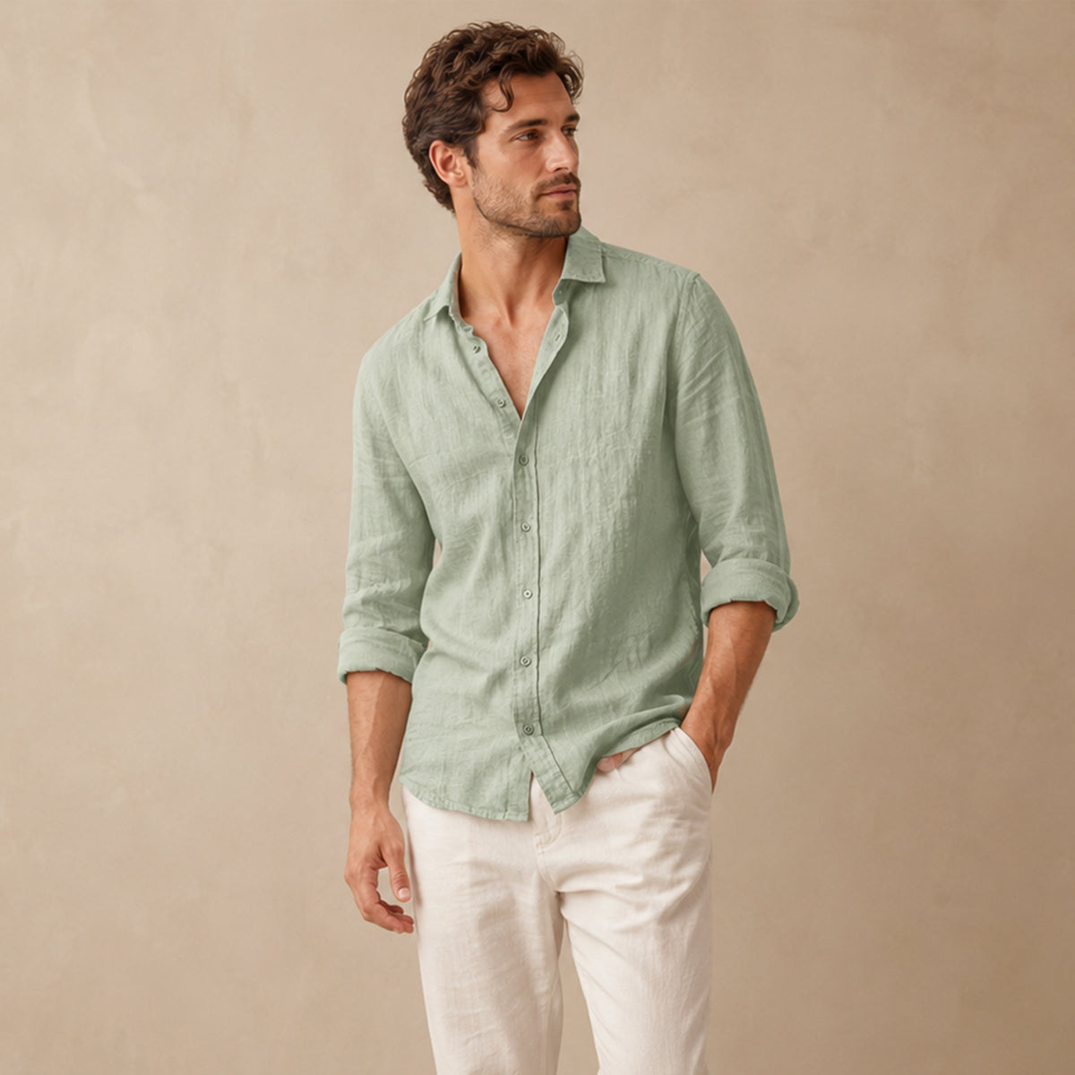Men's plain casual shirt with open collar, button front and rolled sleeves