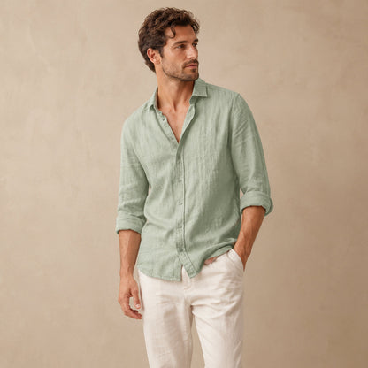 Men's plain casual shirt with open collar, button front and rolled sleeves