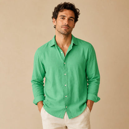Men's long-sleeve button-down shirt with pointed collar and curved hem