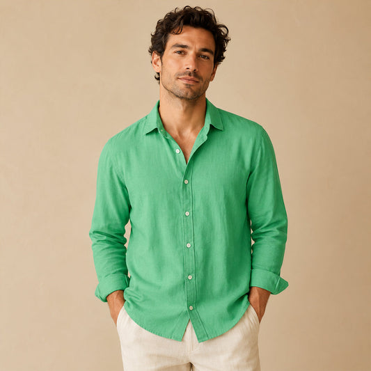 Men's long-sleeve button-down shirt with pointed collar and curved hem
