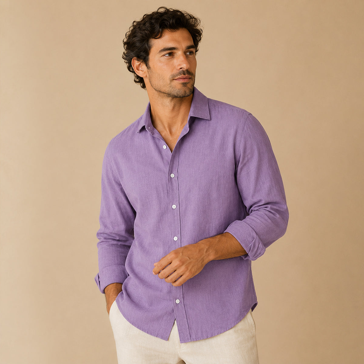 Men's long-sleeve button-down shirt with pointed collar and curved hem