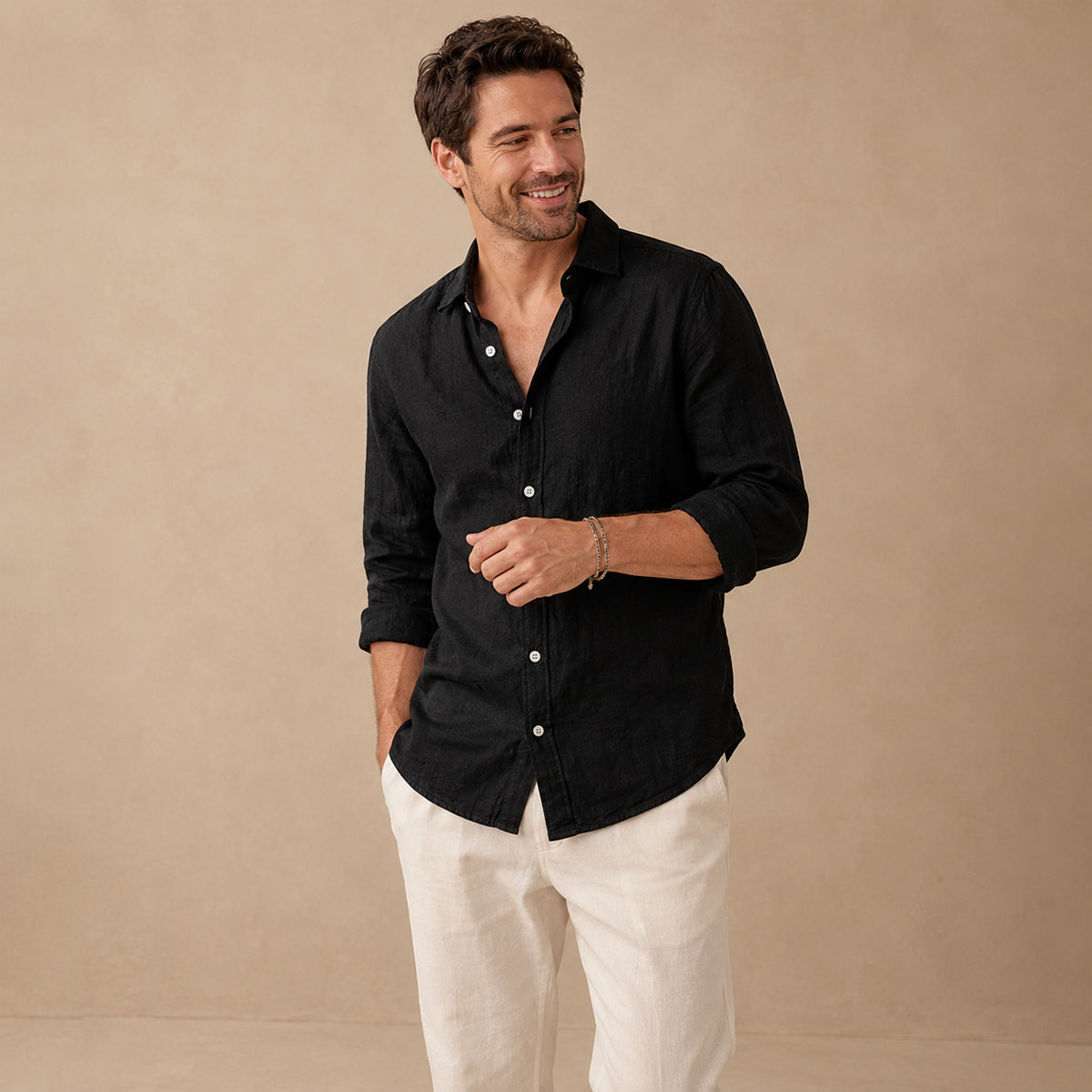 Men's plain casual shirt with open collar, button front and rolled sleeves
