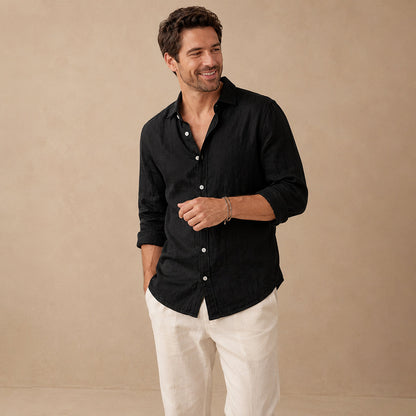 Men's plain casual shirt with open collar, button front and rolled sleeves