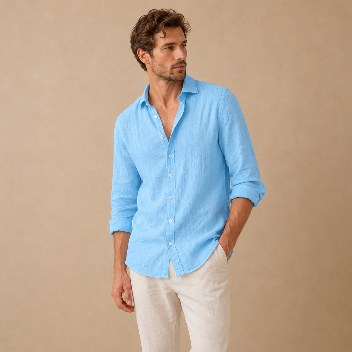 Men's plain casual shirt with open collar, button front and rolled sleeves