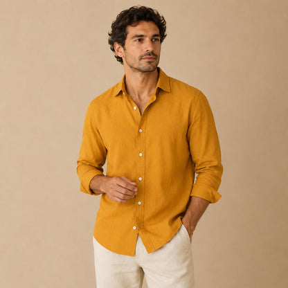 Men's long-sleeve button-down shirt with pointed collar and curved hem