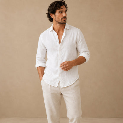 Men's plain casual shirt with open collar, button front and rolled sleeves