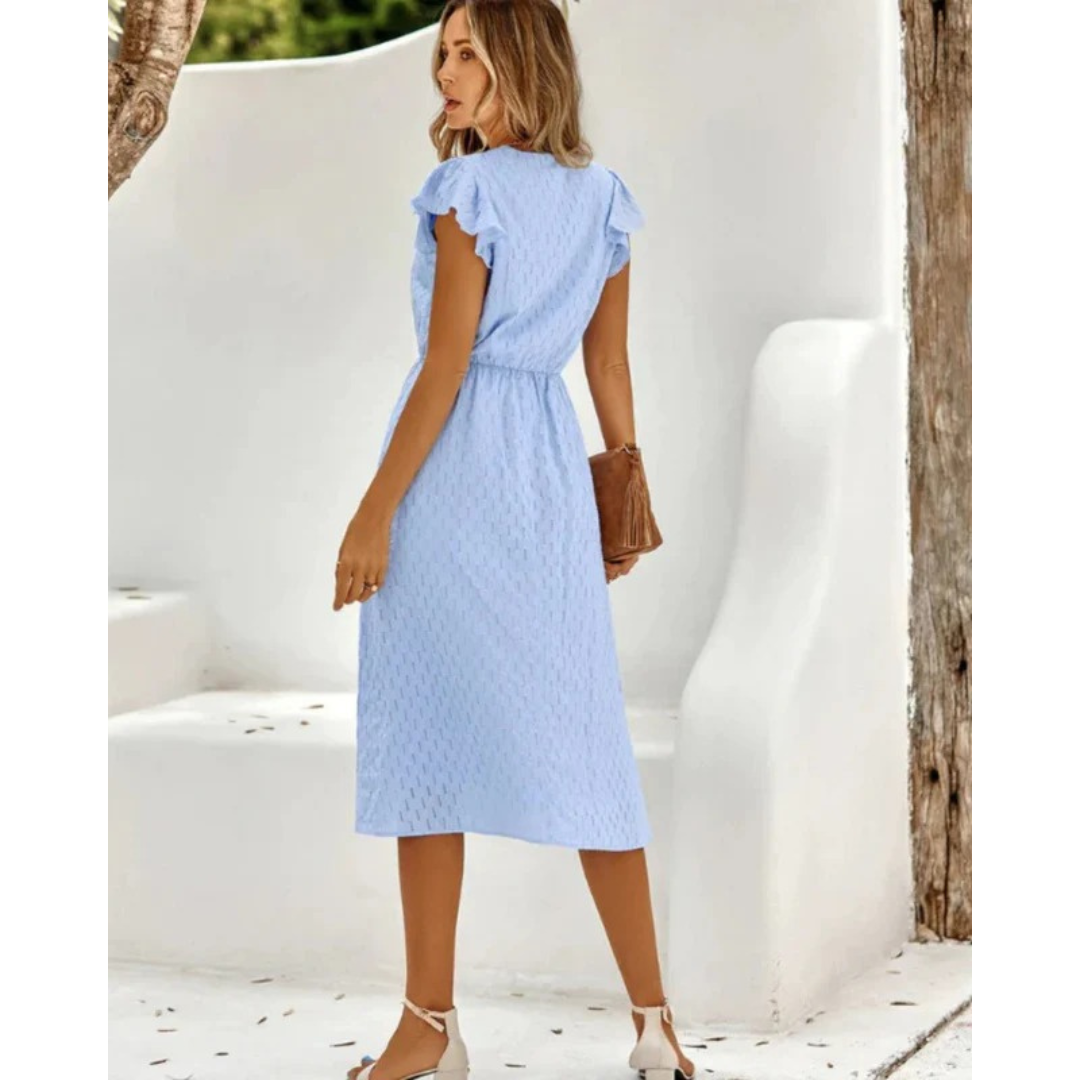 Women's textured V-neck midi dress with short puff sleeves and flared skirt