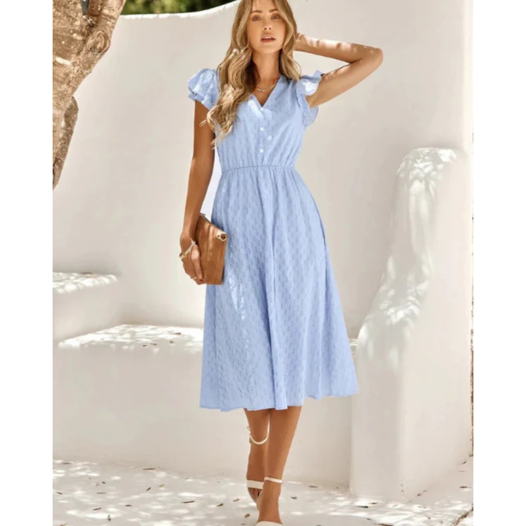 Women's textured V-neck midi dress with short puff sleeves and flared skirt
