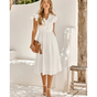 Women's textured V-neck midi dress with short puff sleeves and flared skirt