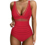 Women's one-piece swimsuit with plunge neckline, mesh panels and gathered high waist