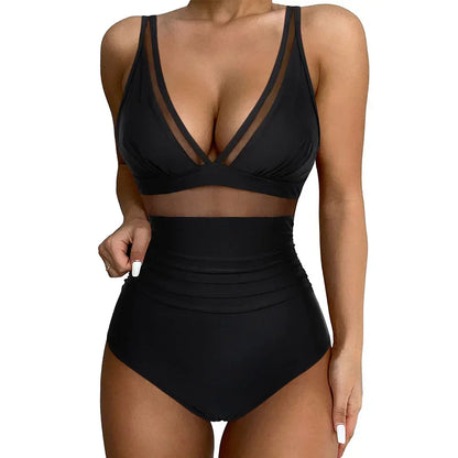 Women's one-piece swimsuit with plunge neckline, mesh panels and gathered high waist