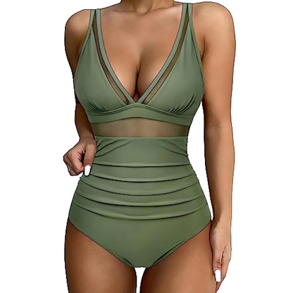 Women's one-piece swimsuit with plunge neckline, mesh panels and gathered high waist