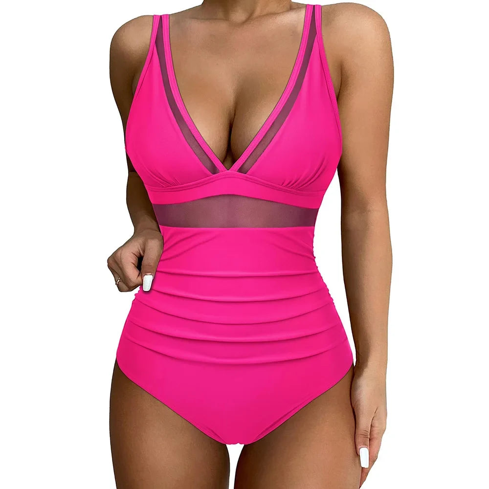 Women's one-piece swimsuit with plunge neckline, mesh panels and gathered high waist