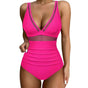 Women's one-piece swimsuit with plunge neckline, mesh panels and gathered high waist
