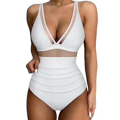 Women's one-piece swimsuit with plunge neckline, mesh panels and gathered high waist