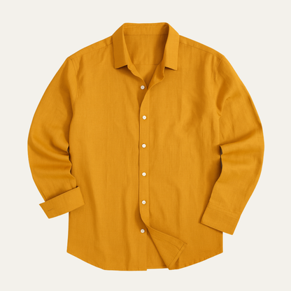 Men's long-sleeve button-down shirt with pointed collar and curved hem