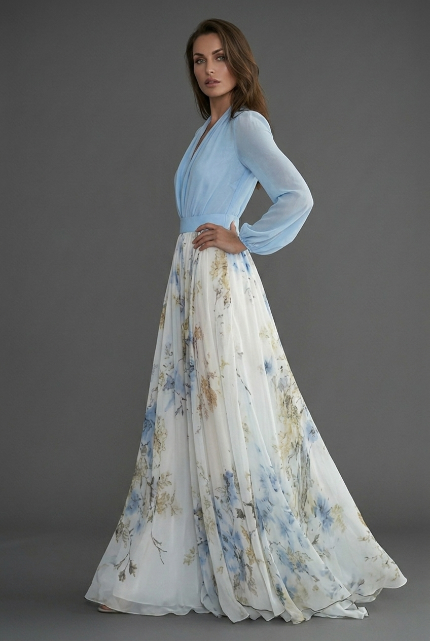 Women's floral maxi dress with draped V-neckline and long sleeves