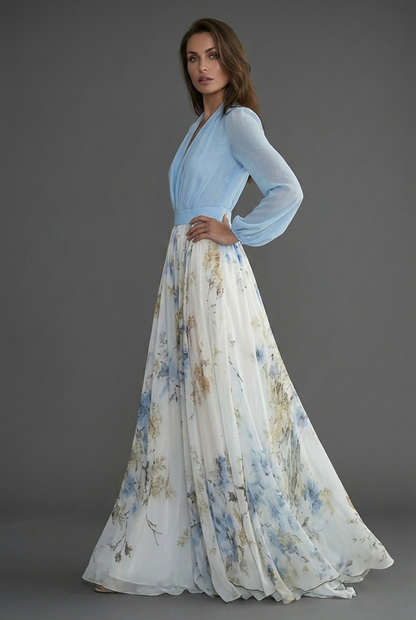 Women's floral maxi dress with draped V-neckline and long sleeves