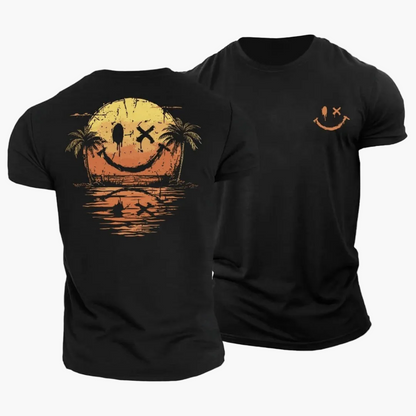 Men's short-sleeve T-shirt with a smiley sunset, palm trees and island graphic