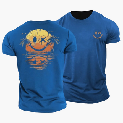 Men's short-sleeve T-shirt with a smiley sunset, palm trees and island graphic
