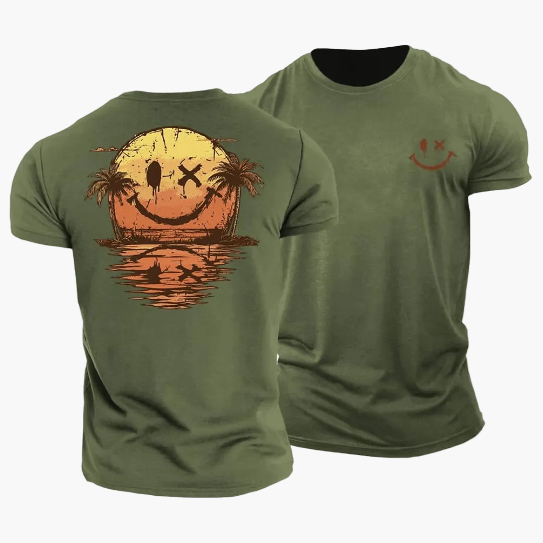 Men's short-sleeve T-shirt with a smiley sunset, palm trees and island graphic