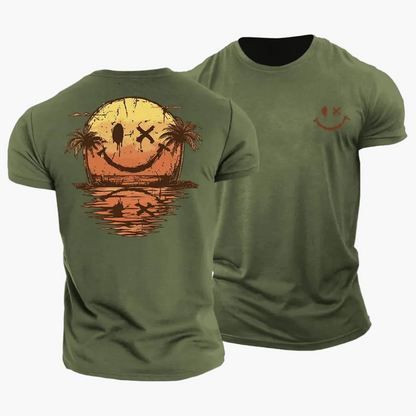 Men's short-sleeve T-shirt with a smiley sunset, palm trees and island graphic