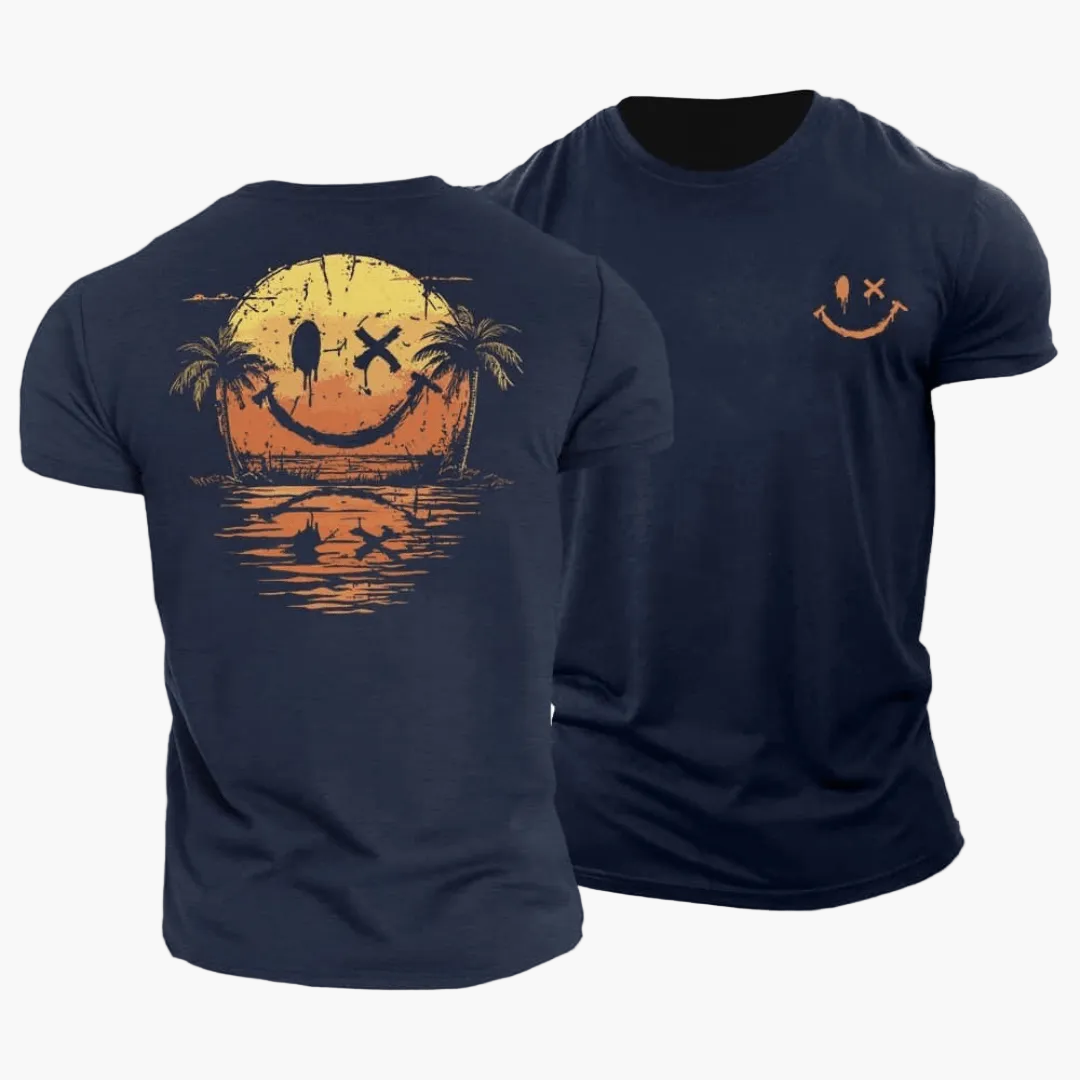 Men's short-sleeve T-shirt with a smiley sunset, palm trees and island graphic