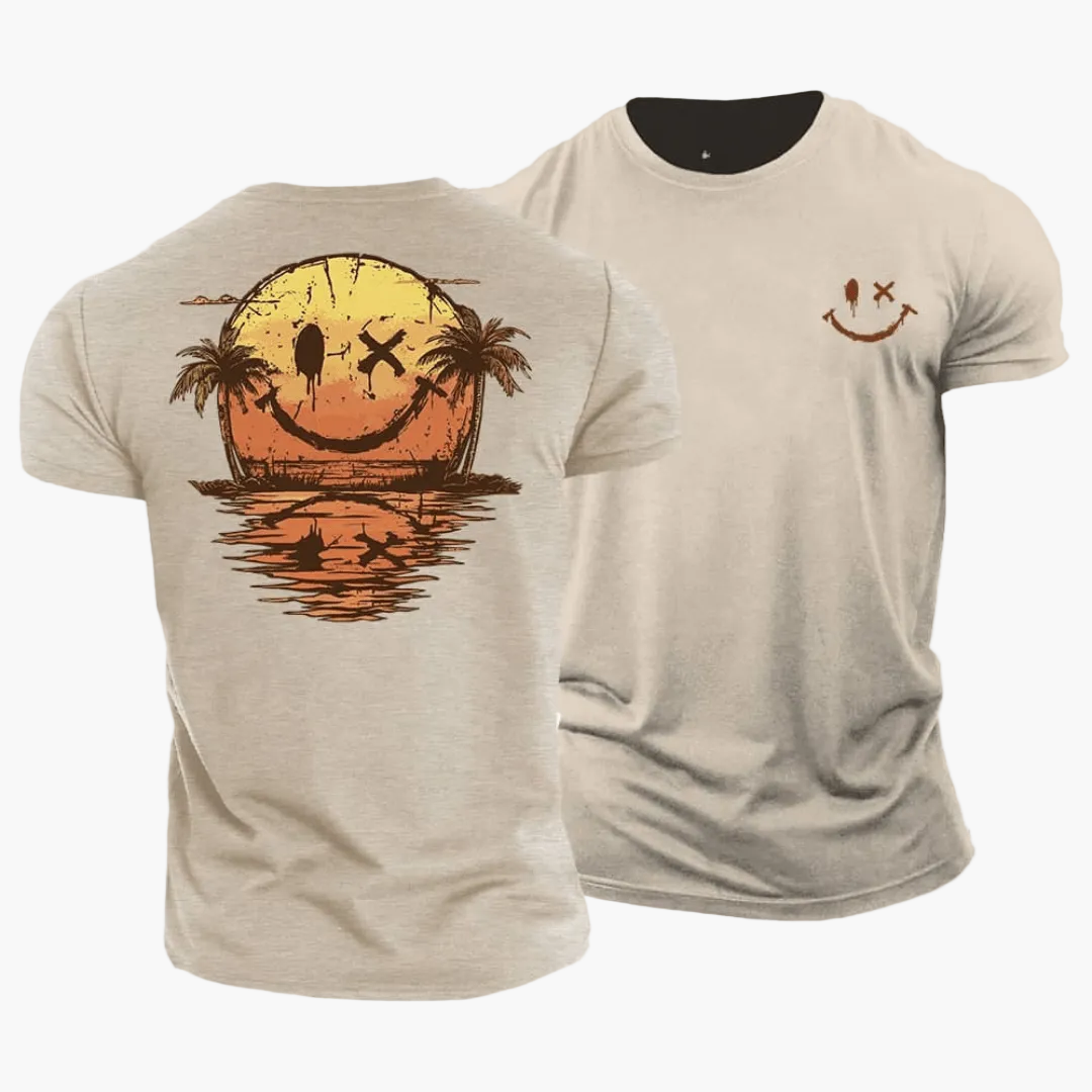 Men's short-sleeve T-shirt with a smiley sunset, palm trees and island graphic