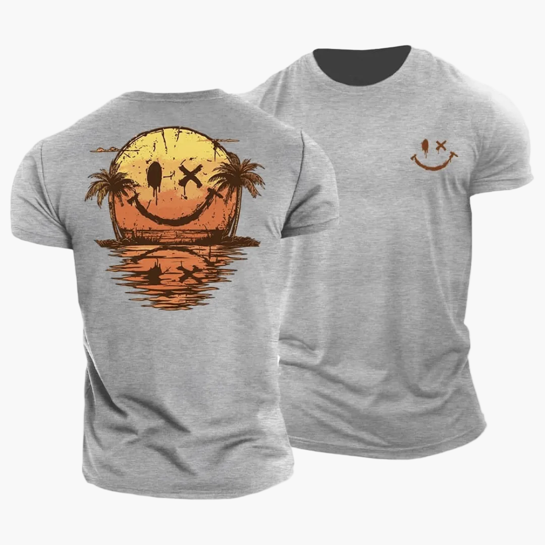 Men's short-sleeve T-shirt with a smiley sunset, palm trees and island graphic