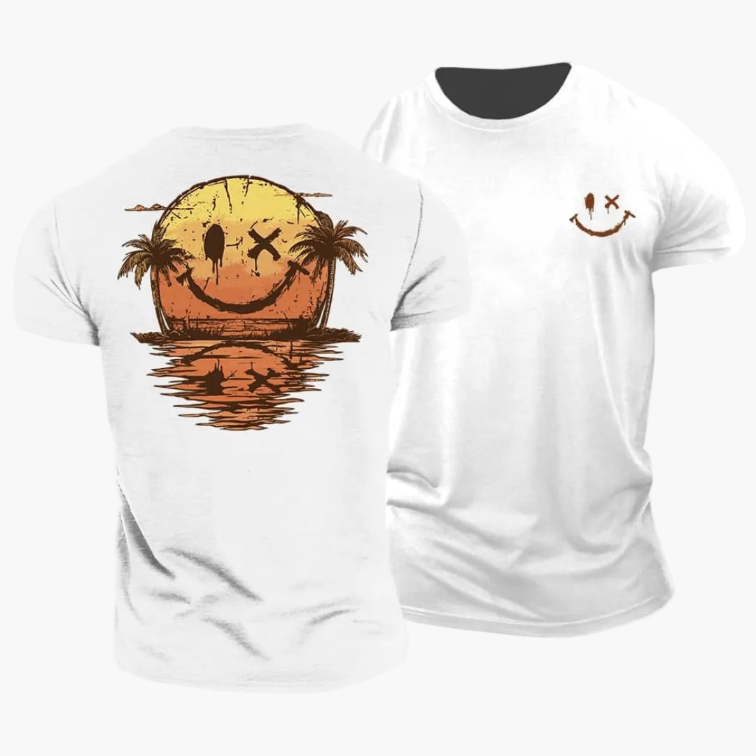 Men's short-sleeve T-shirt with a smiley sunset, palm trees and island graphic