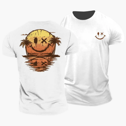 Men's short-sleeve T-shirt with a smiley sunset, palm trees and island graphic