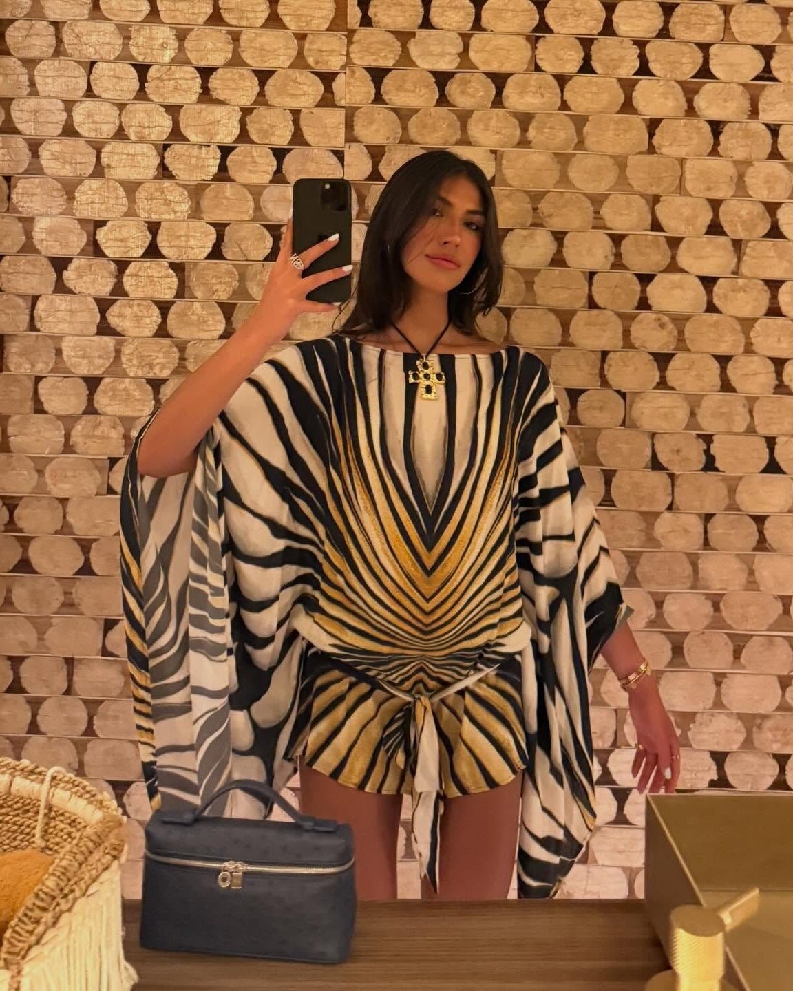 Women's black and cream zebra print kaftan mini dress with tie waist