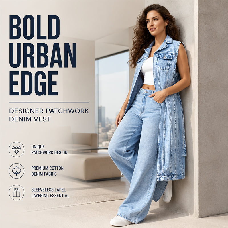 Women's sleeveless blue denim longline vest with lapel collar and chest pockets