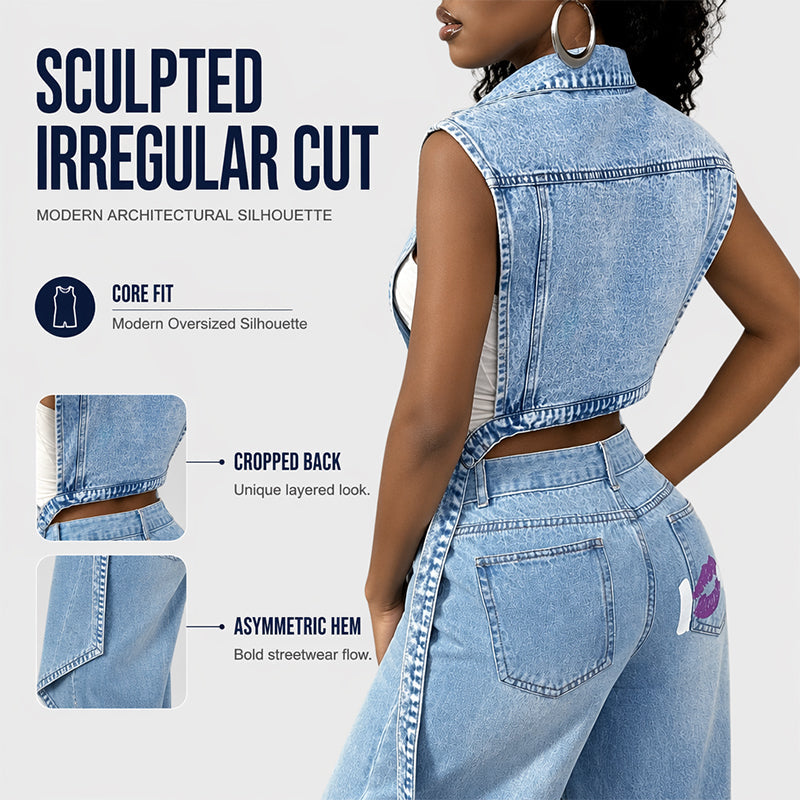 Women's sleeveless blue denim longline vest with lapel collar and chest pockets