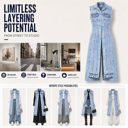 Women's sleeveless blue denim longline vest with lapel collar and chest pockets