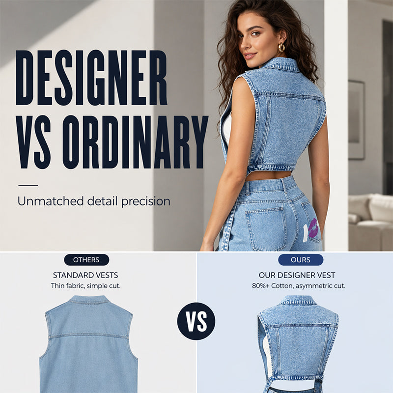 Women's sleeveless blue denim longline vest with lapel collar and chest pockets