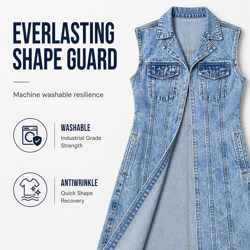 Women's sleeveless blue denim longline vest with lapel collar and chest pockets