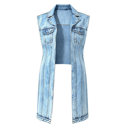 Women's sleeveless blue denim longline vest with lapel collar and chest pockets
