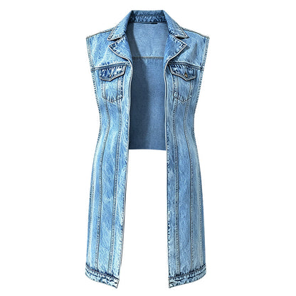 Women's sleeveless blue denim longline vest with lapel collar and chest pockets