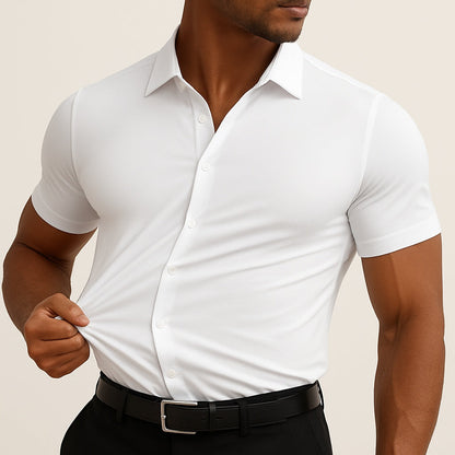 Men's short-sleeve slim fit shirt with pointed collar and button front