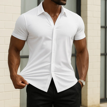 Men's short-sleeve slim fit shirt with pointed collar and button front