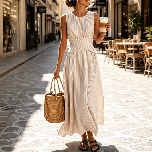 Women's striped sleeveless maxi dress with crossed wrap waist panel