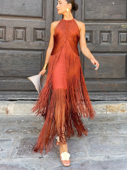 Women's sleeveless halter maxi dress with long fringe panels