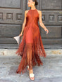 Women's sleeveless halter maxi dress with long fringe panels