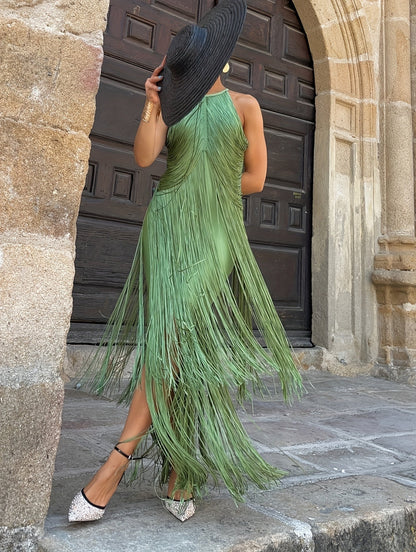 Women's sleeveless halter maxi dress with long fringe panels